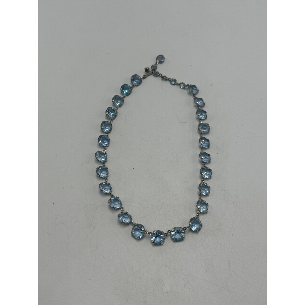 Vintage Light Blue Crystal Riviere Choker Necklace Silver Tone 15 Inch
